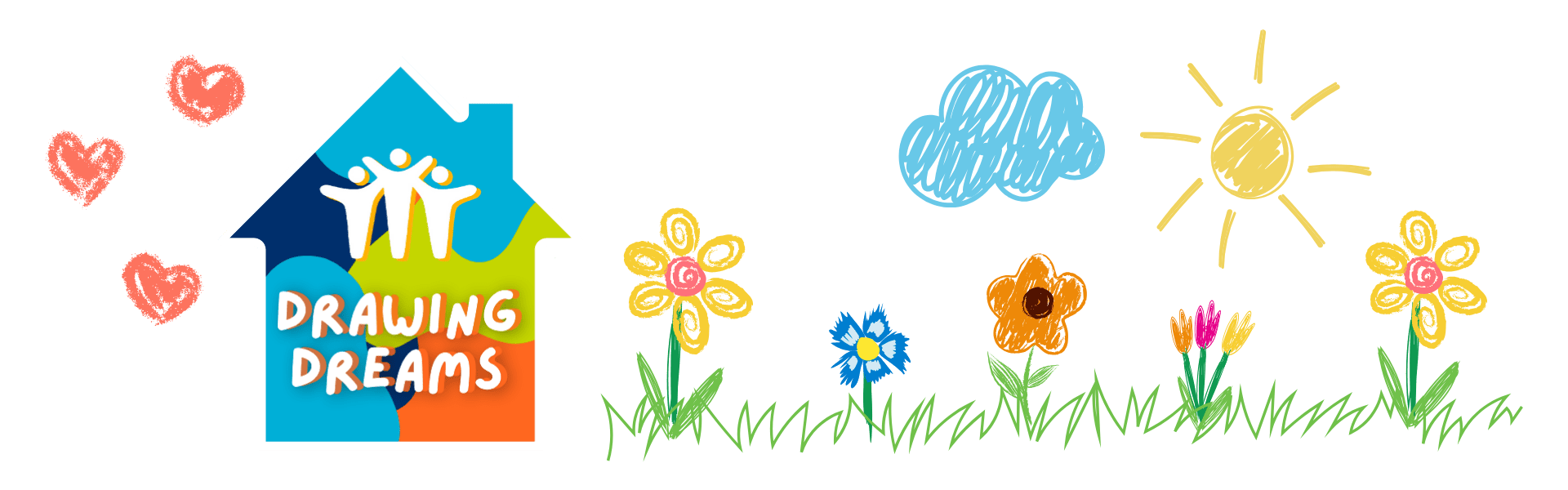 Drawing Dreams Web Header Drawing Dreams graphic with kids hand-drawn pictures of flowers, sun and clouds